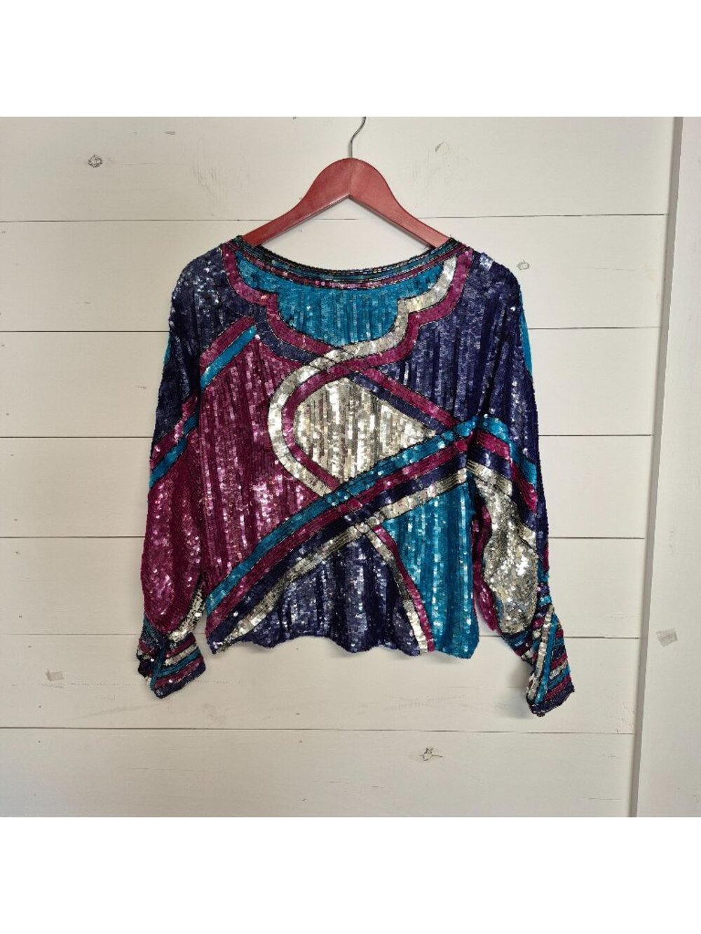Vintage Sitara Silk Sequin Beaded Top Geometric 70s Party Blouse Multi Color‎